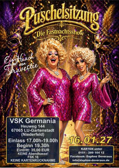 Buntes Veranstaltungsplakat einer Fastnachtsshow mit zwei Travestiekünstlern in pinken Kleidern.