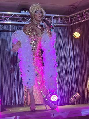 Bühnenkünstler in glitzerndem Kleid mit Mikrofon unter pinkem Licht